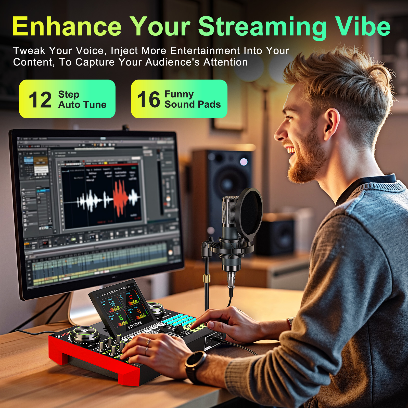 Audio Music Mixer - Tenlamp G10-P15B Podcast Mikrofon Seti Canlı