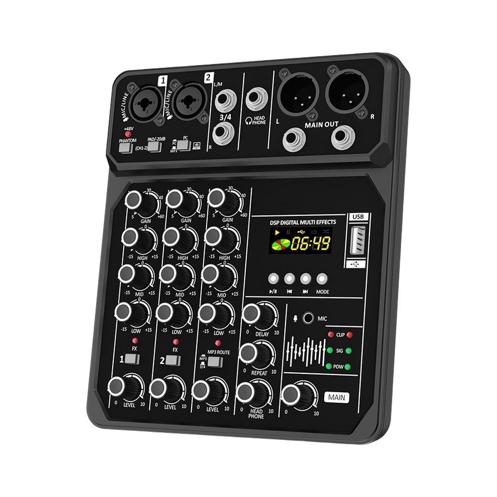 Audio Music Mixer - Siyah ABS Gövdeli, 48V Desteğiyle Açık
